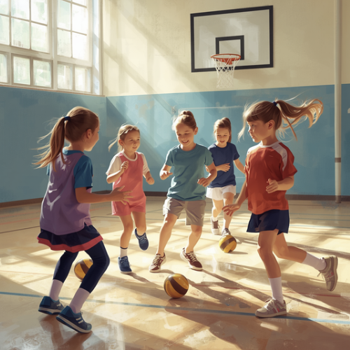 Primary pupils moving with balls during an indoor PE activity