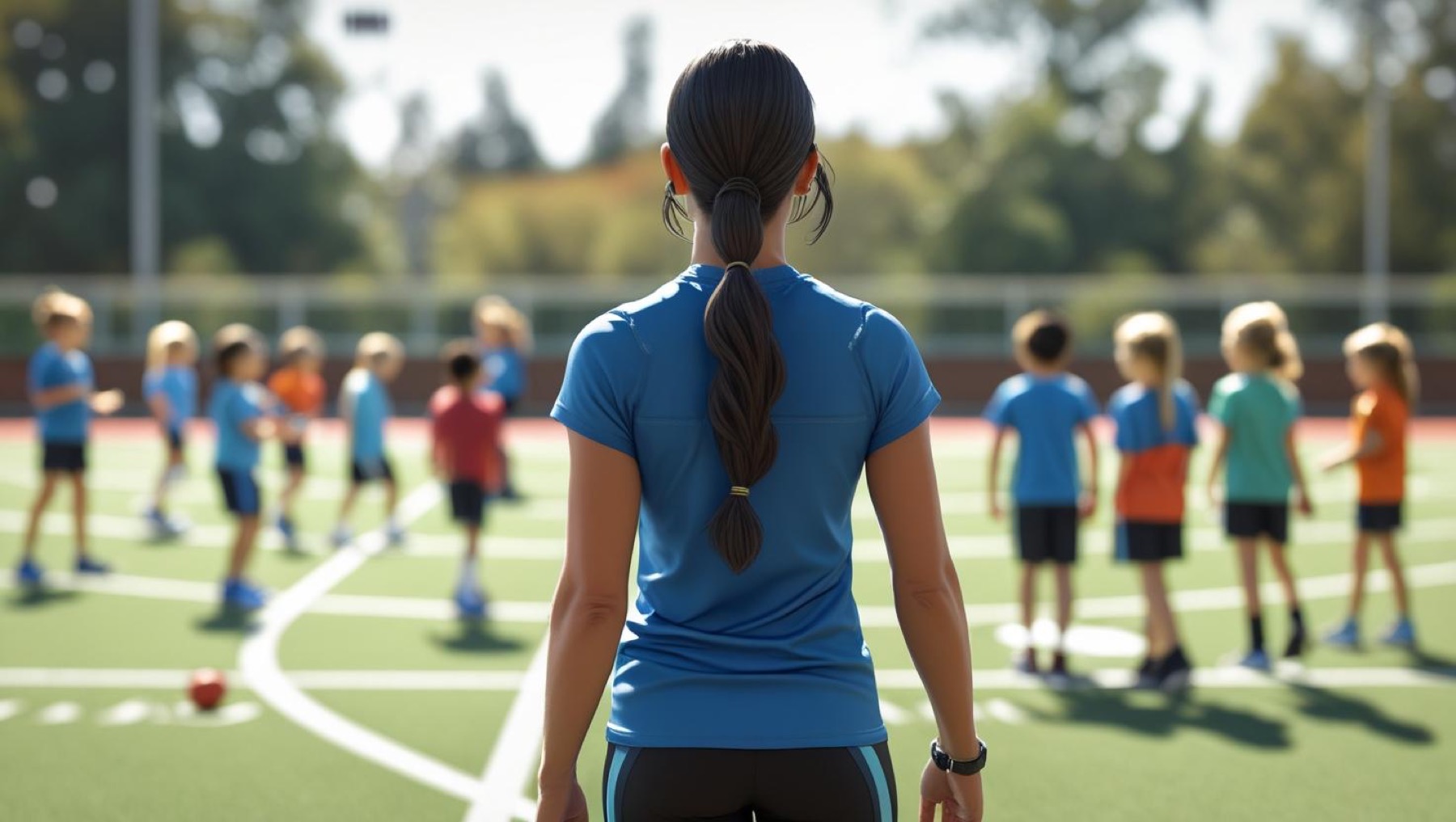 PE teacher walking into an outdoor PE space with pupils blurred in the distance