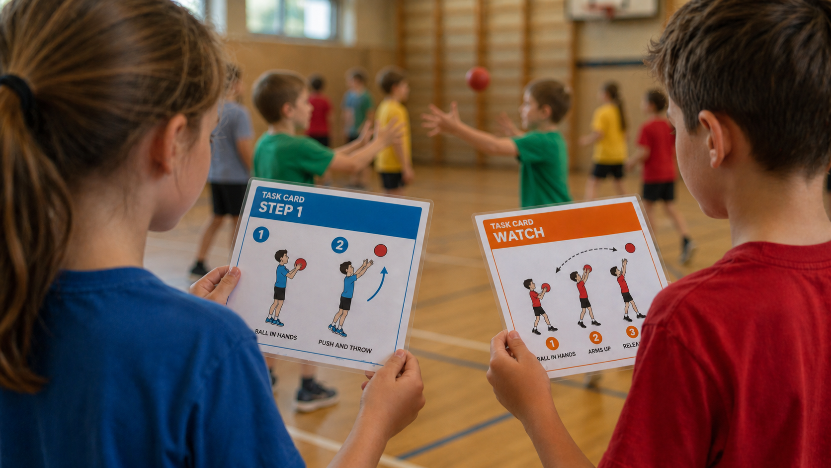 Children in a PE lesson holding visual task cards